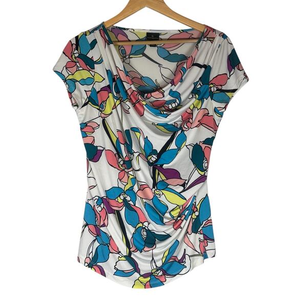 Y2K Vintage Cowl Neck Bright Floral Blouse Women Large Groovy 70s Going Out Top - Picture 2 of 6